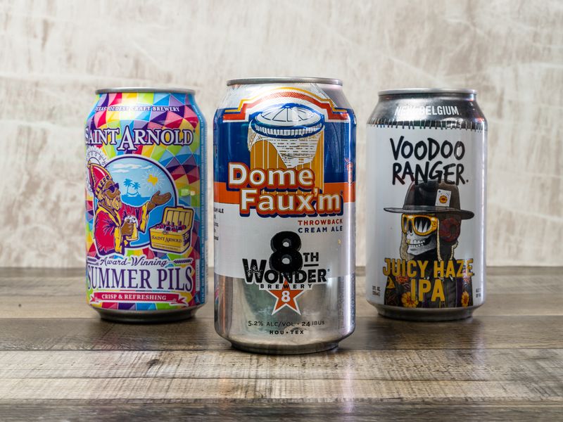 Houston craft beers at Cobo's — Saint Arnold, 8th Wonder, and Voodoo Ranger cans